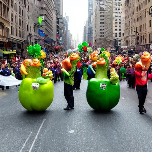 Prompt: a parade of stuffed fruits and vegetables marching down 5 th ave manhattan on st. patrick's day, 8 k, photo realistic, extremely life like