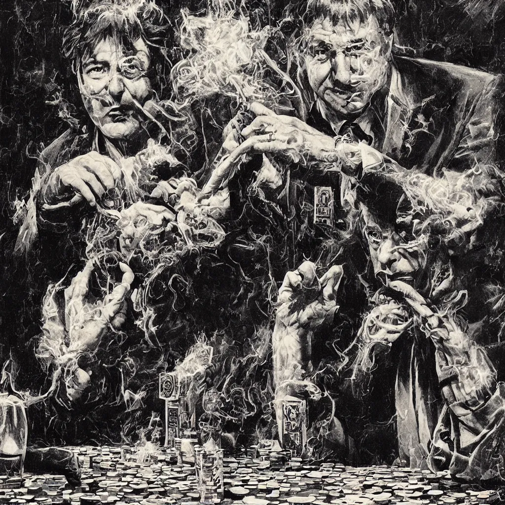 Image similar to portrait of bill hicks playing poker and smoking, in the art style of virgil finlay, paul lehr, frank kelly freas, wayne barlowe, bob pepper, wally wood, moebius, h. r. giger, frank frazetta, richard m. powers. digital art, concept render.