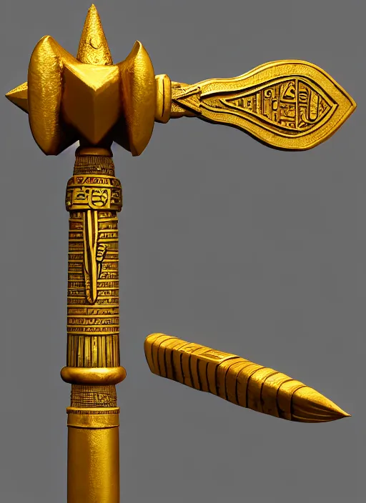 Image similar to rpg item render, a single egyptian gold staff, ancient symbols, bright, Unreal 5, DAZ, hyperrealistic, octane render, dynamic lighting