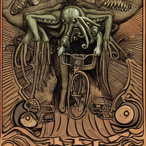 Image similar to cthulhu rides his single speed bicycle to work in a detailed hellscape, hr giger illustration