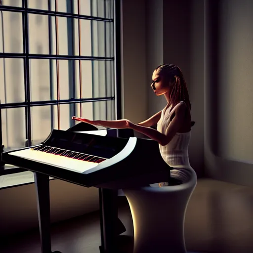 Image similar to a cyborg playing the piano in a futuristic apartment, award winning art, 4k, highly detailed, sharp focus, cinematic lighting, smooth