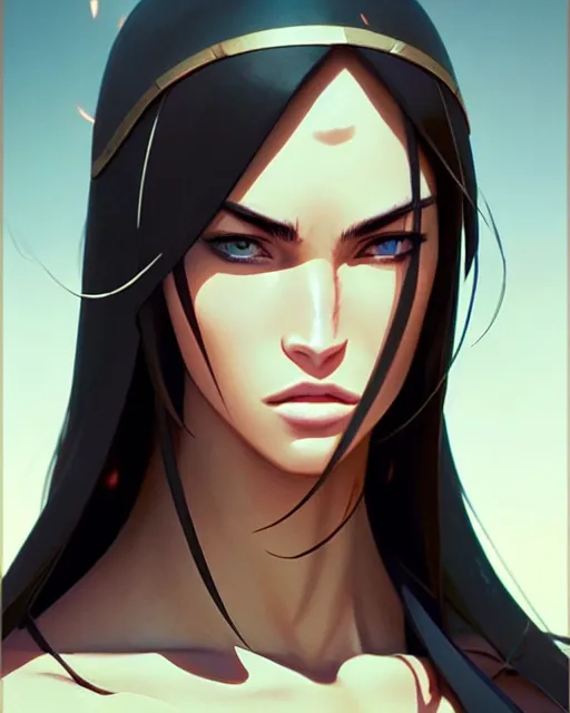 Image similar to azctec warrior, megan fox, detailed perfect face, exquisite details, fire magic, mid view, design on a white background, by studio muti, greg rutkowski makoto shinkai takashi takeuchi studio ghibli