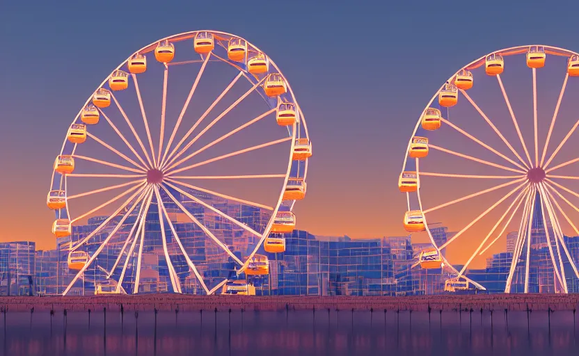 Image similar to one ferris wheel at sunrise, concept art, hyperrealistic, octane render, unreal engine 5, path traced, highly detailed, high quality, 8 k, dramatic lighting, cinematic, high coherence, symmetrical, high contrast, 1 9 8 0 s style, lens flare, godrays