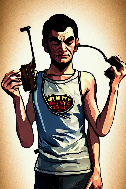 Image similar to boy with singlet tshirt and towel on shoulder. grand theft auto chinatown art style, bioshock art style pop art, no duplicate image, dynamic proportional, digital painting, artstation, concept art, smooth, sharp focus, illustration, intricate, hyperdetails, art by richard hamilton and mimmo rottela, pixels art by paul robertson