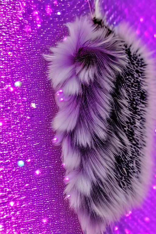 Image similar to high quality macro photo pearlescent furry moth! jeweled gorgeous! highly detailed david ligare elson peter cinematic purple neon lighting high quality low angle hd 8k sharp shallow depth of field