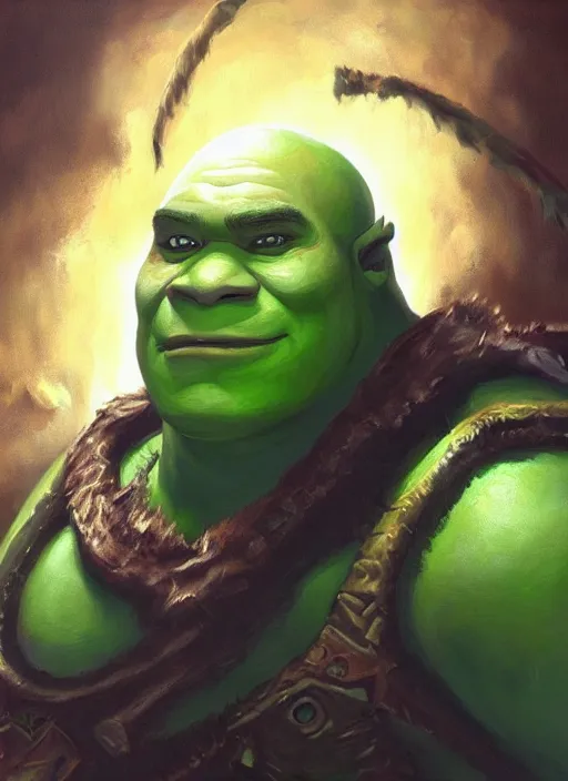 Image similar to dramatic oil painting of shrek as thrall from world of warcraft, artstation, shrek, epic, dramatic,