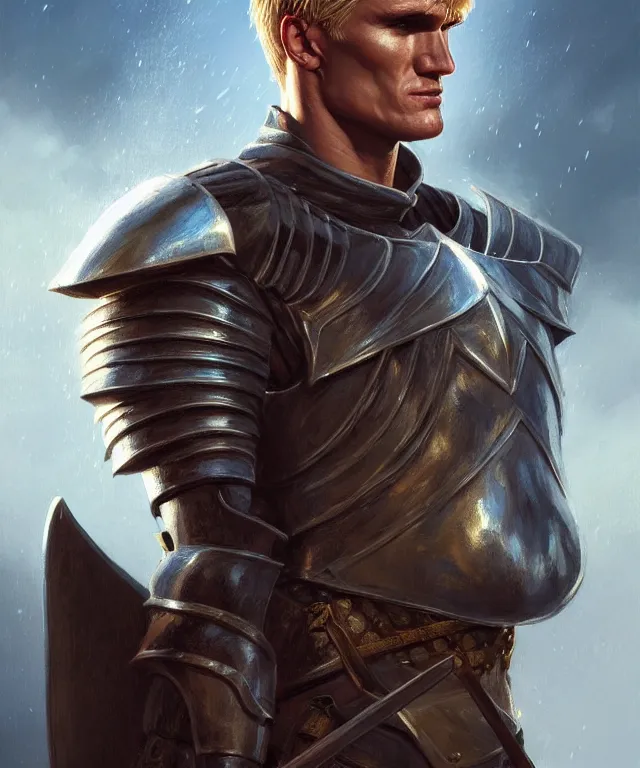 Image similar to a ( fantasy comic ) ( cover art ) portrait of a valiant knight who looks like ( young dolph lundgren ), oil painting by greg rutkowski and serhiy krykun and artgerm, photorealistic, d & d, highly detailed!, hd, 4 k, trending on artstation