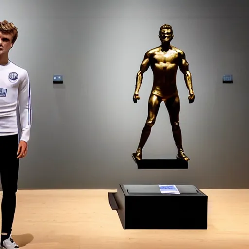 Image similar to a realistic detailed photo of a guy who is an attractive humanoid who is half robot and half humanoid, who is a male android, soccer players martin ødegaard & timo werner, shiny skin, posing like a statue, blank stare, in a museum, on display, showing off his muscles, gold soccer shorts, no jersey, ground view, ceramic statue