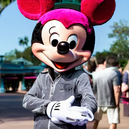 Image similar to dexter morgan visiting disneyworld wearing mickey mouse ears and eating cotton candy, telephoto lense