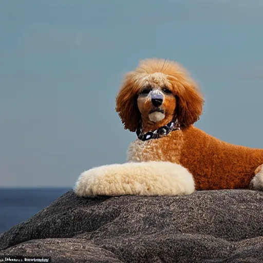 Image similar to cross between a poodle and a leppard seal, basking on arctic rocks, fluffy white curly fur, award winning photography