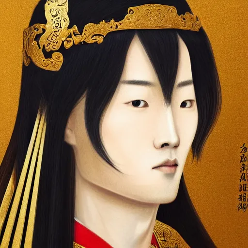 Prompt: a portrait of a young handsome Chinese prince, long black hair, golden eyes, elegant, intricate, backlit, incredible lighting, strong rim light, subsurface scattering, epic beautiful landscape, cherry trees, highly detailed, god rays, digital painting, by Heise Jinyao, Heise-Lian Yan Fang, Feimo, Rossdraws, HDRI, vivid colors, high contrast, 8k resolution, photorealistic