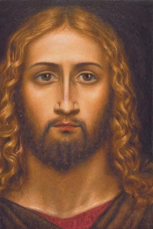 Image similar to Portrait of Jesus with traces of chocolate around his mouth, 8k, photorealism
