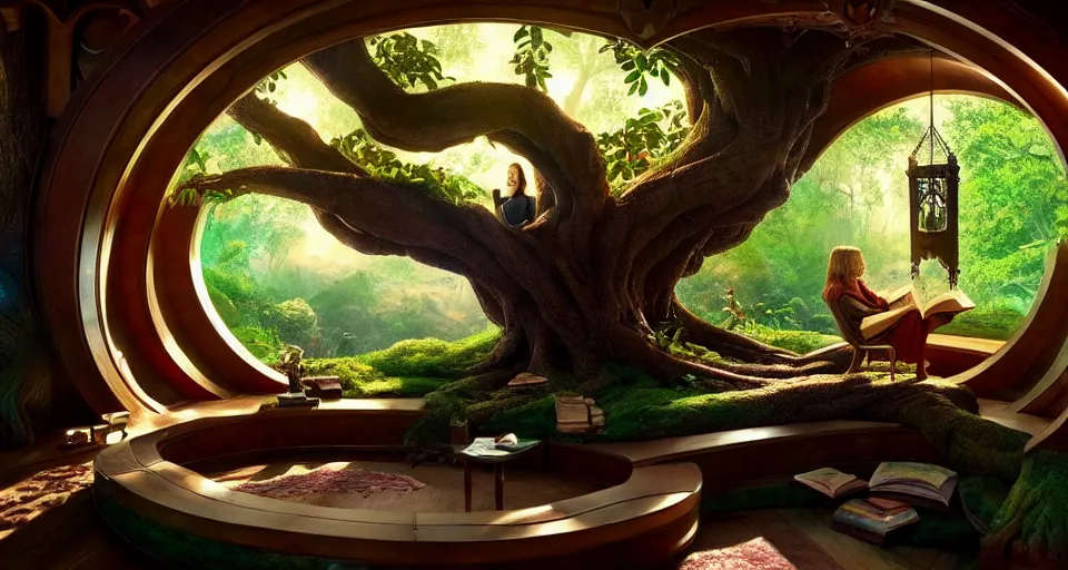 Prompt: An incredibly beautiful scene from a 2022 Marvel film featuring a cozy art nouveau reading nook inside of a fantasy tree house. 8K UHD.