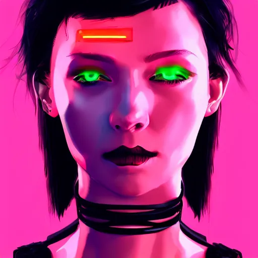 Image similar to headshot artwork of cyberpunk woman wearing thick black choker, collar on neck, realistic, artstation, neon,