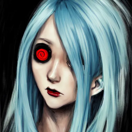 Image similar to full face shot of rimuru tempest, sky blue straight hair, long bangs, with amber eyes, wearing a fancy black jacket, high collar, ultra detailed, brush strokes, digital painting, cinematic, wlop artstation, closeup, pixiv, eerie, scary, intimidating glare, evil, yoshitaka amano, junji ito,