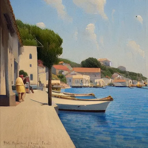 Image similar to a beautiful painting of a mediterranean fishing village in summer by peter ilsted, whitewashed housed, cypress trees, cyan shutters on windows, trending and featured on artstation and behance, people walking down a street