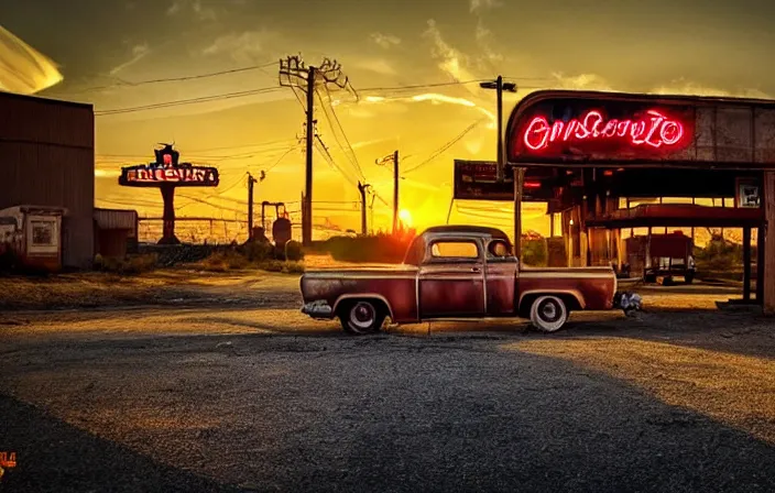 Image similar to a sunset light landscape with historical route 6 6, lots of sparkling details and sun ray ’ s, blinding backlight, smoke, volumetric lighting, colorful, octane, 3 5 mm, abandoned gas station, old rusty pickup - truck, beautiful epic colored reflections, very colorful heavenly, softlight