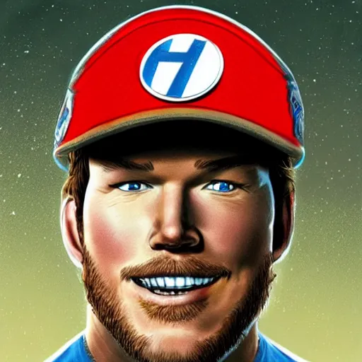 Image similar to hyper detailed illustration of Chris Pratt wearing a Super Mario hat, by Kev Walker, simon bisley and paolo parente