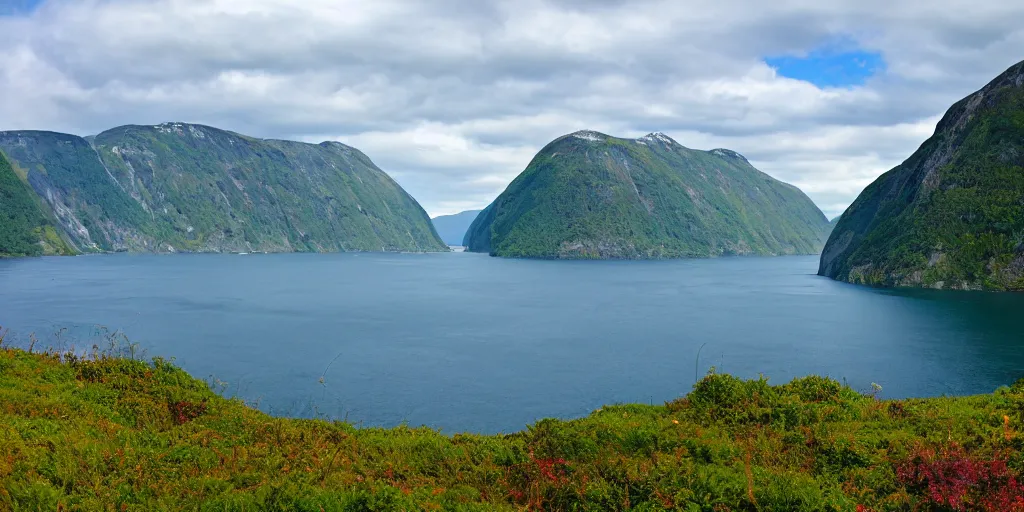 Prompt: a beautiful view of the fjords by the sea.