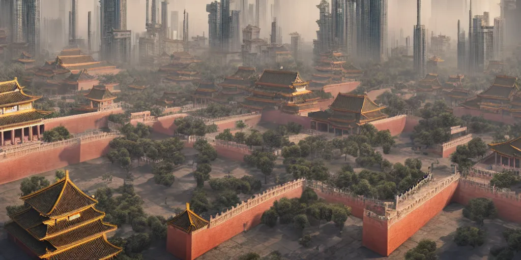 Prompt: a very high resolution image from a new movie, forbidden city and chinese tower in front of the towering skyscrapers, cyberpunk building, fantasy, wideshot, photorealistic, photography, directed by wes anderson, octane render sci - fi, engine room, digital art, highly detailed