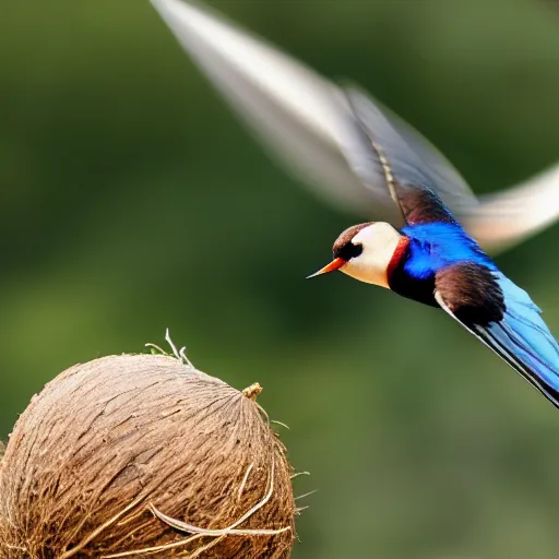 Prompt: photo of an african swallow mid flight carrying a coconut