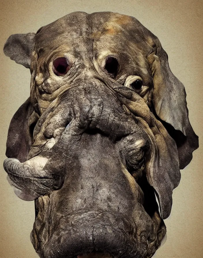 Prompt: portrait of muscular animal human merged head skin, solid background, scales skin dog, cat merged elephant head cow, chicken face morphed fish head, gills, horse head animal merge, morphing dog head, animal eyes, merging crocodile head, anthropomorphic creature