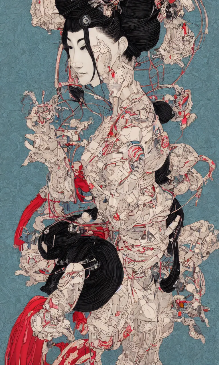 Image similar to a beautiful portrait of a cybernetic geisha by James Jean trending on Artstation