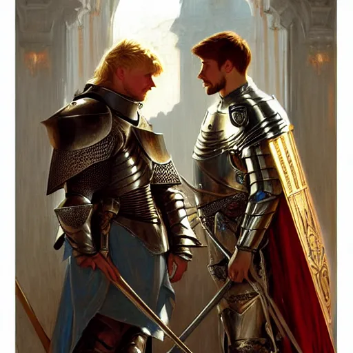 Image similar to attractive arthur pendragon and his favourite attractive male knight, they are in love, camelot, natural lighting, path traced, highly detailed, high quality, digital painting, by gaston bussiere and ross tran and j. c. leyendecker and alphonse mucha