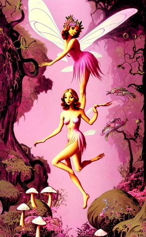 Image similar to fairies with detailed faces and true anatomy wearing pink clothes, enchanted forest, mushrooms on the ground, psychedelic, wide angle shot, white background, vector art, illustration by frank frazetta