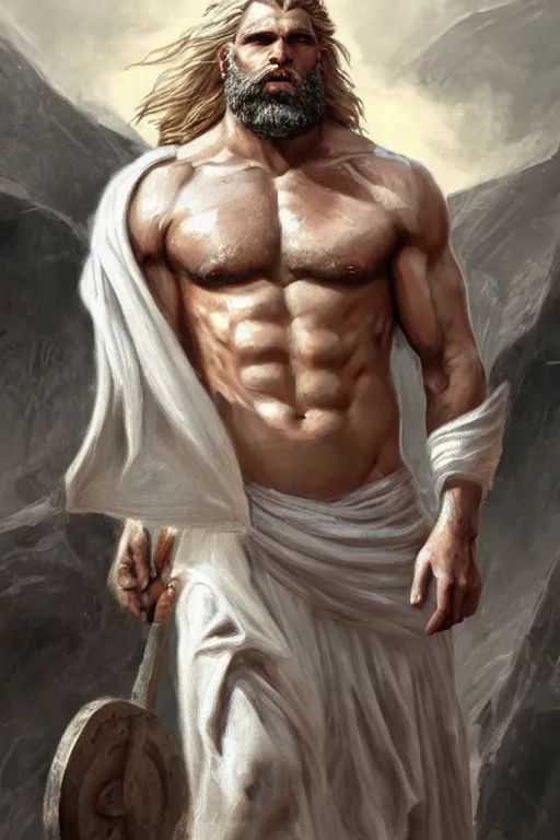 Image similar to painted portrait of rugged zeus, god of thunder, greek god, white hair, masculine, powerful, handsome, opulent, upper body, white robe, muscular, hairy torso, fantasy, intricate, elegant, highly detailed, digital painting, artstation, concept art, smooth, sharp focus, illustration, art by gaston bussiere and magali villeneuve