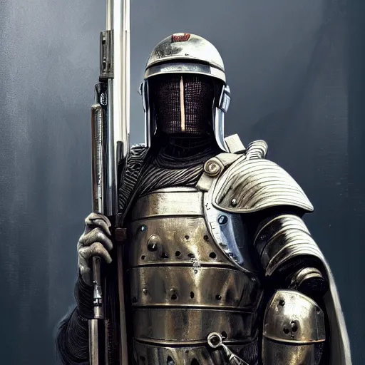 Image similar to portrait of a roman soldier wearing armor, cyberpunk rifle at his side, cinematic, painting