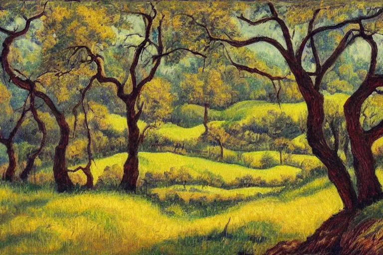 Prompt: masterpiece painting of oak trees on a hillside overlooking a creek, dramatic lighting, by dorothy p. lathrop