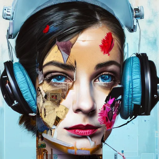 Image similar to a portrait of beautiful, mischievous, young woman by sandra chevrier, detailed render, tape deck, boombox, headphones, epic composition, cybernetics, 4 k realistic, cryengine, realistic shaded lighting, sharp focus, masterpiece, by matteo scalera, gary montalbano, peter elson in the style of the tokyo ghost comic