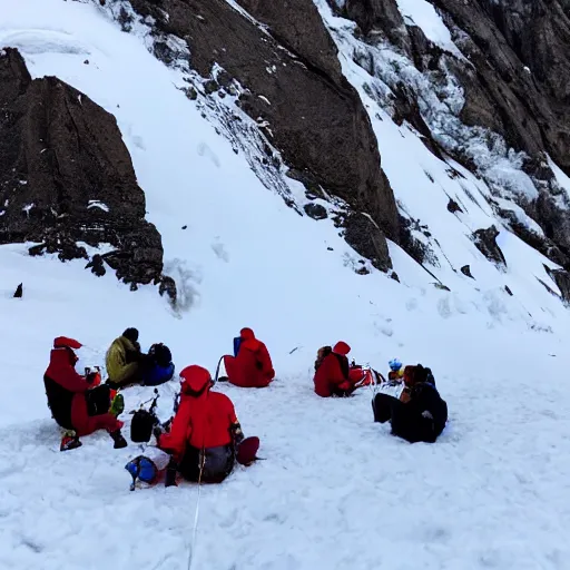 Prompt: mountain climbers witnessing an avalanche on a mountain top while having some tea near their tent