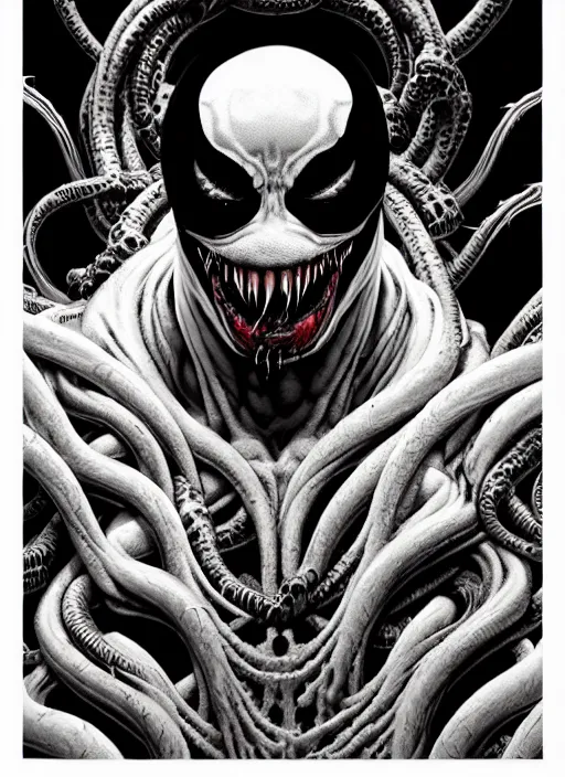 Image similar to a dream portrait of venom as god of the death, black & white, melting, webbing, 8 k, by tristan eaton, stanley artgerm, tom bagshaw, greg rutkowski, carne griffiths, ayami kojima, beksinski, giger, trending on deviantart, face enhance, hyper detailed, minimalist, horror, alien