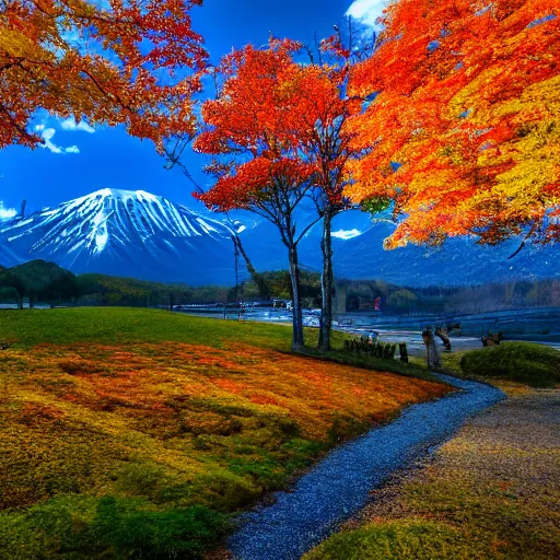 Prompt: hokkaido in the fall, masterpiece, 8k, realistic, high definition, vivid colours, long shot