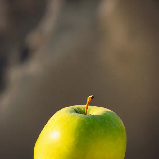 Prompt: a yellow apple is sitting on the peak of mount everest, clear focus, bokeh effect, high res