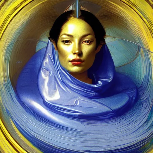 Prompt: a chrome woman's face in flowing sheets of cobalt blue gold chrome silver satin, by moebius syd mead roger dean wojciech siudmak donato giancola yoshitaka amano ivan aivazovsky jan de heem pieter claesz paul delaroche alma tadema aelbert cuyp willem claesz, hyperrealistic volumetric light render