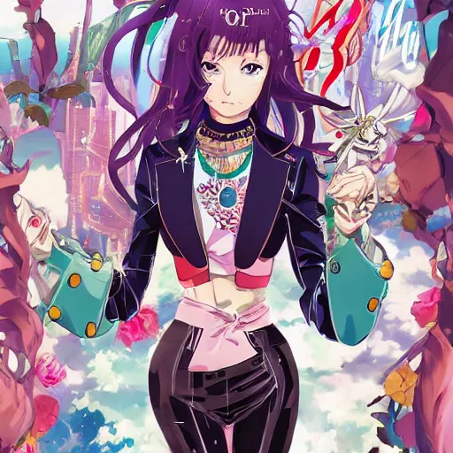 Image similar to Magazine Cover Anime key visual of a Gucci girl; official media; typography; drawn by Hirohiko Araki; Jojo's Bizarre Adventure; Jojolion, portrait, made by Stanley Artgerm Lau, WLOP, Rossdraws, James Jean, Andrei Riabovitchev, Marc Simonetti, Yoshitaka Amano, ArtStation