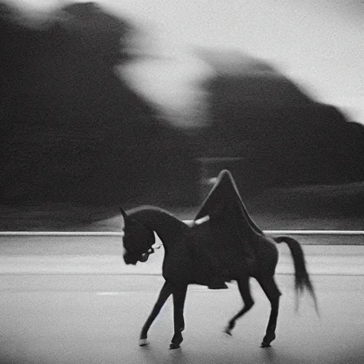 Image similar to A woman with a black cloak is riding a dark horse from distance, Kodak TRI-X 400, dark mood, melancholic