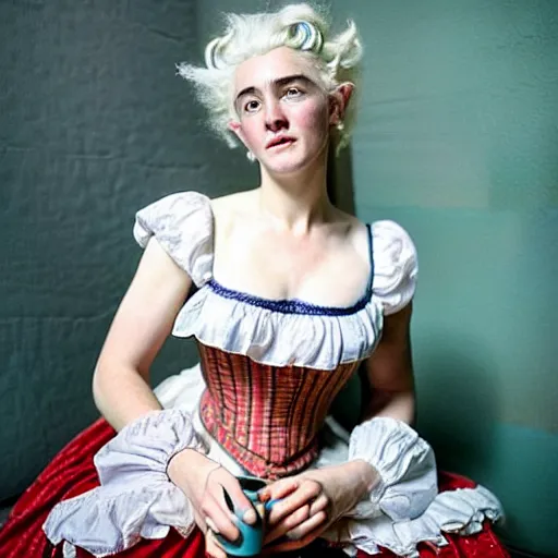 Prompt: A 18th century, messy, white haired, (((mad))) elf princess (look like ((young Kate Winslet))), dressed in a frilly ((ragged)), wedding dress, is ((drinking a cup of tea)). Everything is underwater! and floating. Greenish blue tones, theatrical, (((underwater lights))), high contrasts, fantasy water color, inspired by John Everett Millais's Ophelia