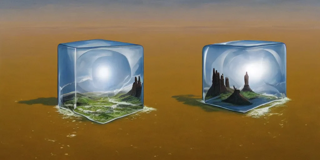 Prompt: hyperrealist painting of a cube inside a giant transparent bubble from howl's moving castle ( 2 0 0 4 ) in a flooded monument valley stonehenge jungle. skinny grey scientist. moody, misty, depth perception.