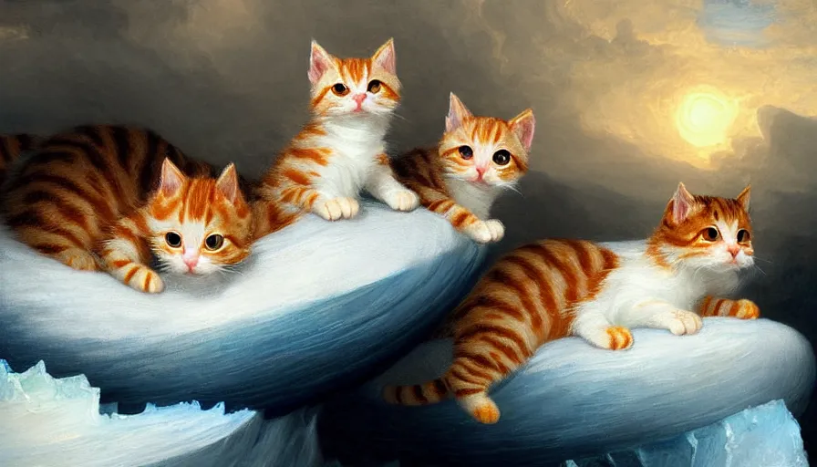 Image similar to highly detailed painting of cute baby furry pumpkin kitty cats on a blue and white iceberg by william turner, by greg rutkowski, by william constable, thick brush strokes and visible paint layers, 4 k resolution