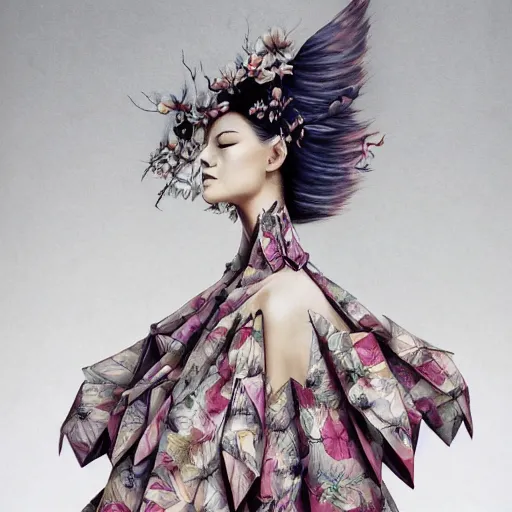 Image similar to 3 / 4 view of a beautiful girl wearing an origami dress, elegant, by esao andrews, by eiko ishioka, givenchy, by peter mohrbacher, centered, floral ornamentic, detailed beautiful face, high depth of field, origami, detailed fashion illustration, vogue, japanese, reallusion character creator