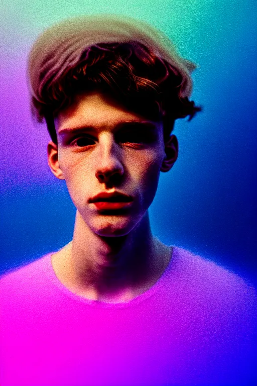 Image similar to high quality pastel coloured film mid angle selfie photograph of a beautiful young 2 0 year old male, soft features, black hair, standing in an icelandic black rock environment. atmospheric. three point light. photographic. art directed. ( pastel colours ). volumetric light. sheen. waves glitch. 8 k. filmic.