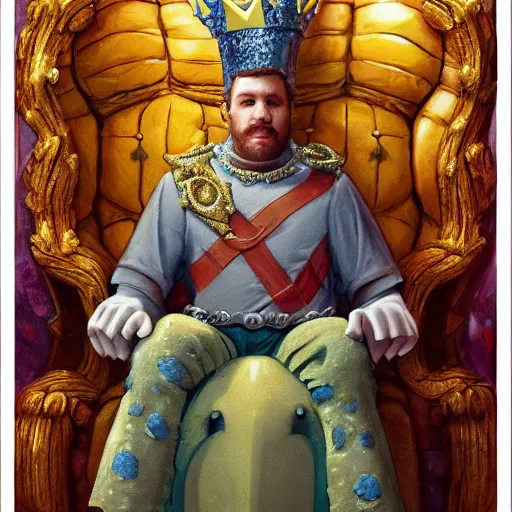 Image similar to spongebob as a king on a thrown wearing a crown, closeup portrait art by donato giancola and greg rutkowski, digital art, trending on artstation, symmetry!!