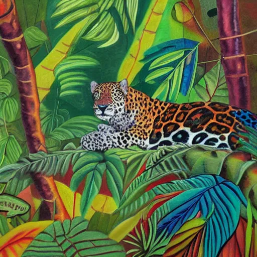 Image similar to a velvet painting of a colorful jaguar in a jungle by edgar leeteg