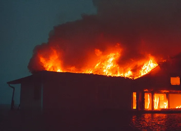 Prompt: dslr photo still of a house on fire under water at the bottom of the ocean, 8 5 mm f 1. 8