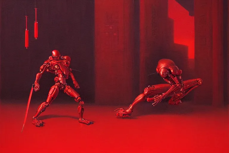 Image similar to only with red, a red cyborg samurai, tokio futuristic in background, some evil yokai fight, in the style of beksinski, parts by edward hopper, parts by rodcenko, parts by yue minjun, intricate and epic composition, red by caravaggio, insanely quality, highly detailed, masterpiece, red light, artstation, 4 k