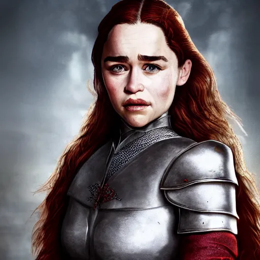 Image similar to emilia clarke, as a medieval fantasy character, with dark reddish hair, wearing light, silver armor and red clothing, tan complexion, holding a longsword, neutral expression, noble, cinematic, dark, realistic, digital art, 8 k